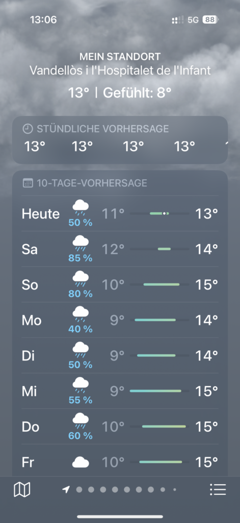 Screenshot von der Wetter App mit der Prognose der kommenden 7 Tage 